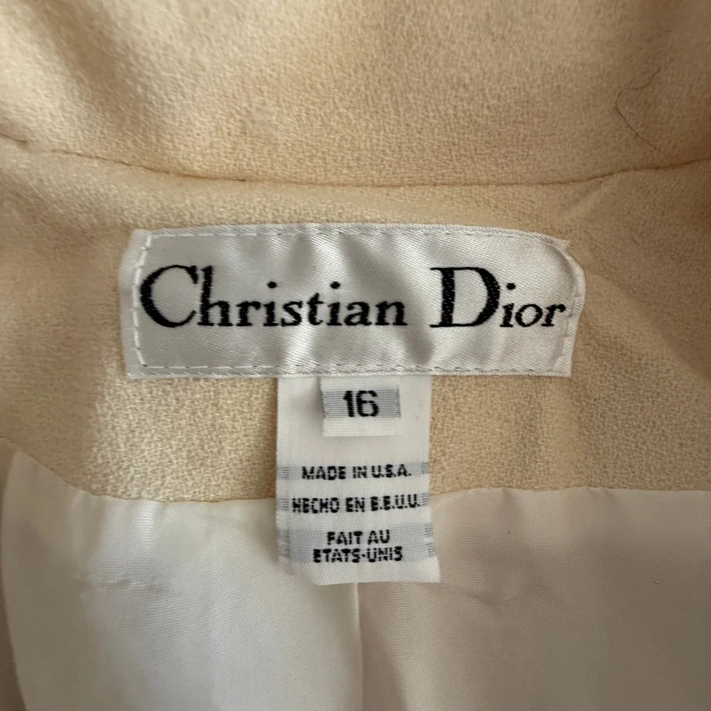 Christian Dior Vintage Wool Suit sz 16 Cream Double Breast Gold Crest Buttons